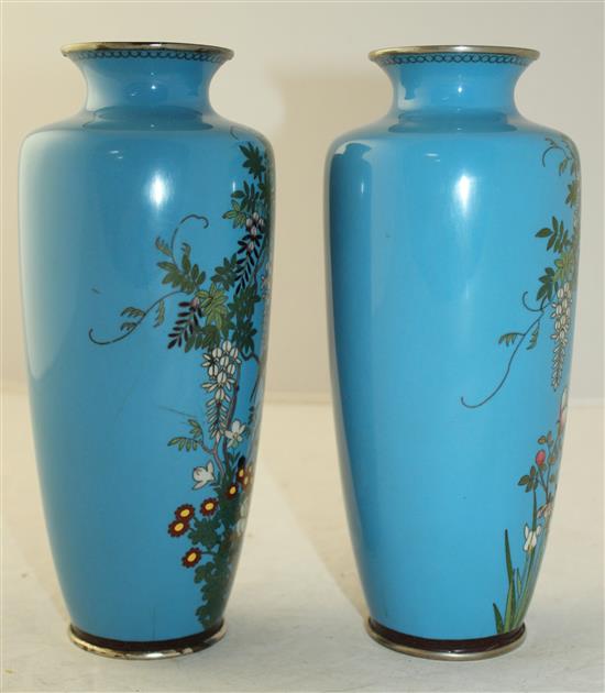 A pair of Japanese silver wire cloisonne enamel vases, early 20th century, 21cm